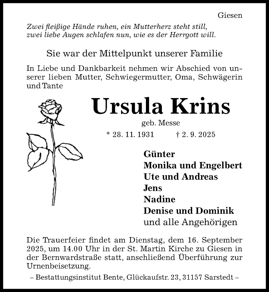 Traueranzeige für Ursula Krins vom 06.09.2025 aus Hildesheimer Allgemeine Zeitung
