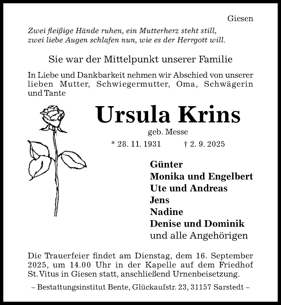  Traueranzeige für Ursula Krins vom 10.09.2025 aus Hildesheimer Allgemeine Zeitung