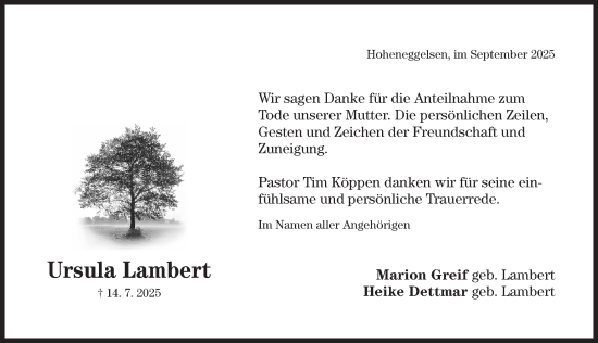 Traueranzeige von Ursula Lambert von Hildesheimer Allgemeine Zeitung