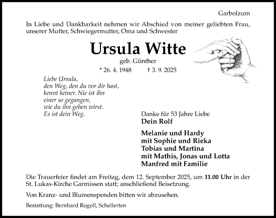 Traueranzeige von Ursula Witte von Hildesheimer Allgemeine Zeitung