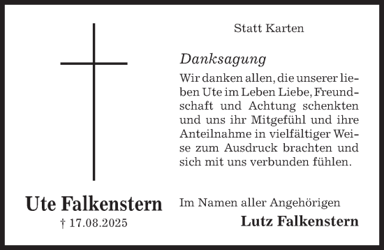 Traueranzeige von Ute Falkenstern von Hildesheimer Allgemeine Zeitung