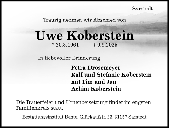 Traueranzeige von Uwe Koberstein von Hildesheimer Allgemeine Zeitung