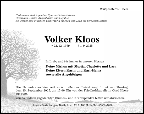 Traueranzeige von Volker Kloos von Hildesheimer Allgemeine Zeitung
