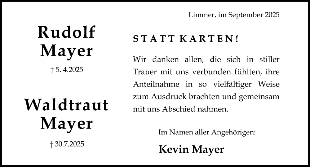  Traueranzeige für Waldtraut Mayer vom 06.09.2025 aus Hildesheimer Allgemeine Zeitung