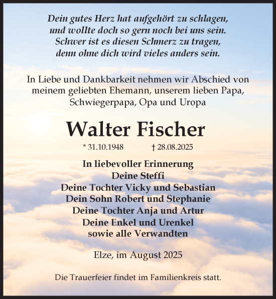 Traueranzeige von Walter Fischer von Hildesheimer Allgemeine Zeitung