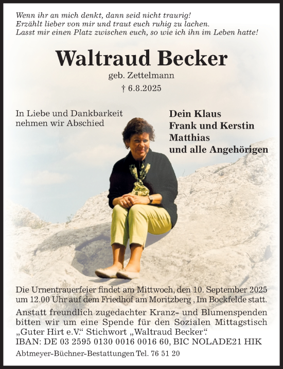 Traueranzeige von Waltraud Becker von Hildesheimer Allgemeine Zeitung