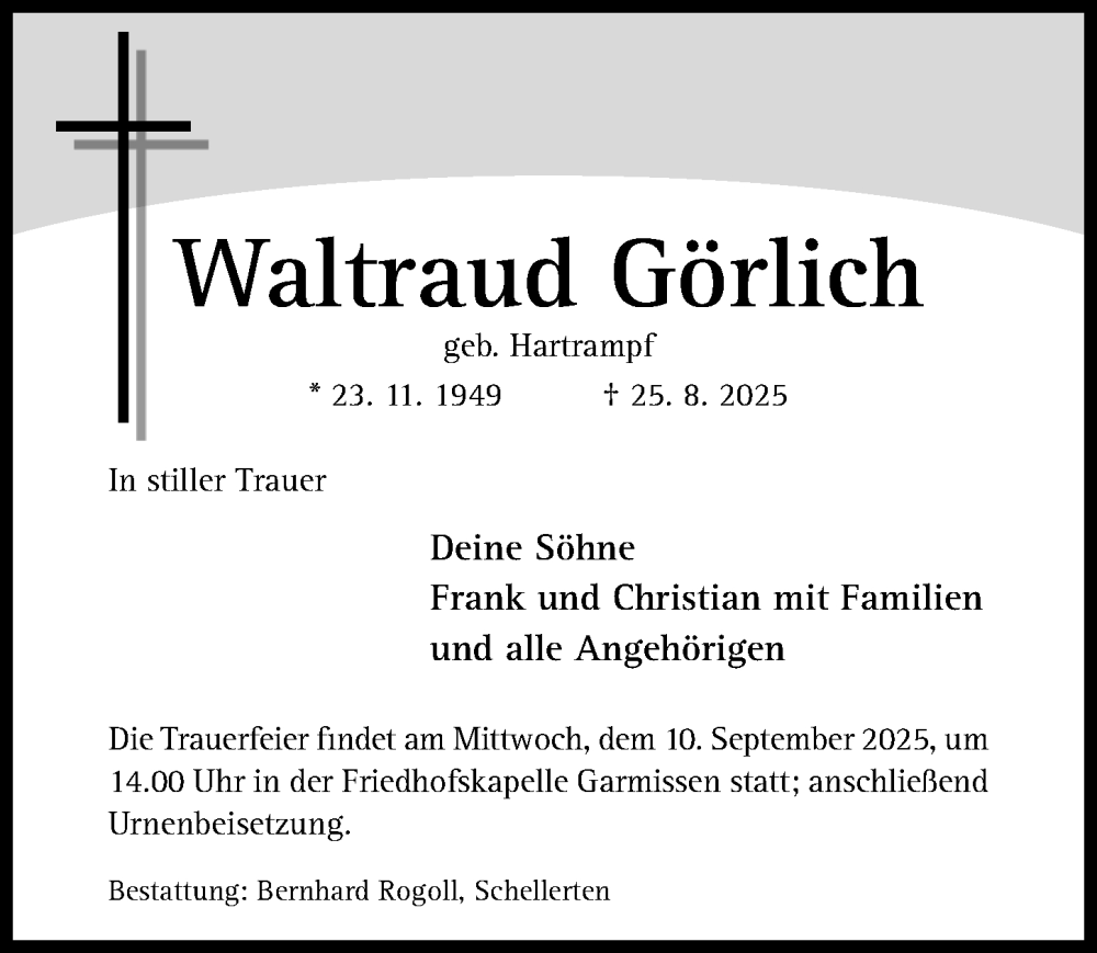  Traueranzeige für Waltraud Görlich vom 03.09.2025 aus Hildesheimer Allgemeine Zeitung
