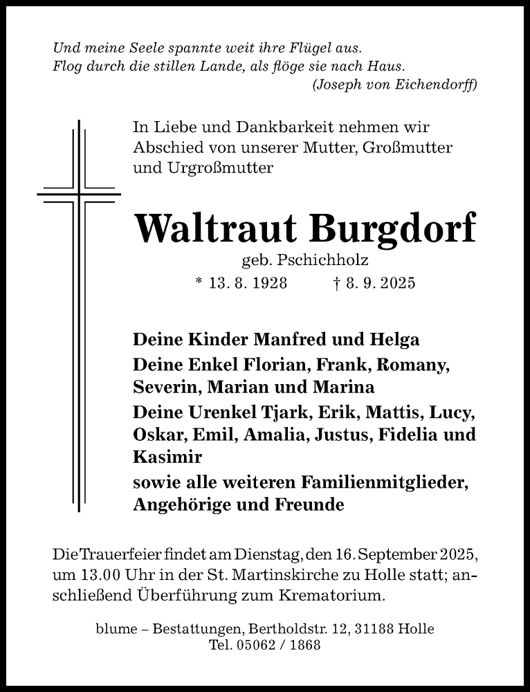  Traueranzeige für Waltraut Burgdorf vom 13.09.2025 aus Hildesheimer Allgemeine Zeitung