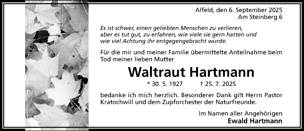  Traueranzeige für Waltraut Hartmann vom 06.09.2025 aus Hildesheimer Allgemeine Zeitung