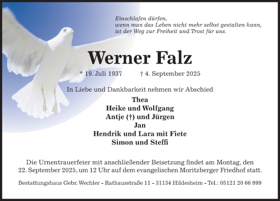 Traueranzeige von Werner Falz von Hildesheimer Allgemeine Zeitung