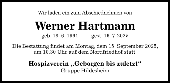 Traueranzeige von Werner Hartmann von Hildesheimer Allgemeine Zeitung