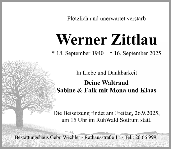Traueranzeige von Werner Zittlau von Hildesheimer Allgemeine Zeitung
