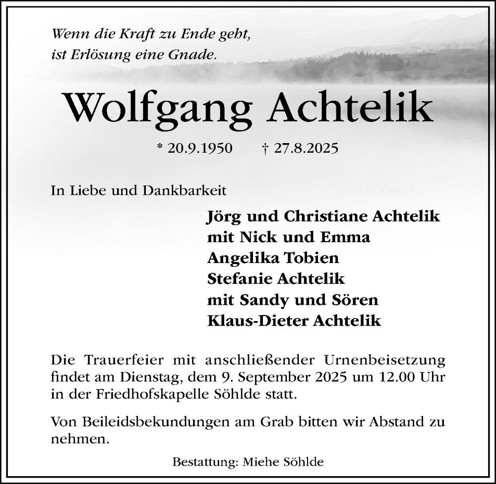  Traueranzeige für Wolfgang Achtelik vom 03.09.2025 aus Hildesheimer Allgemeine Zeitung