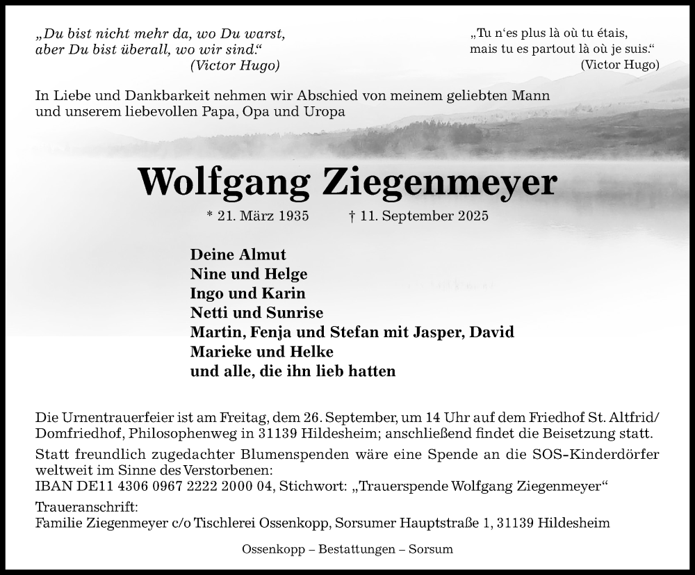  Traueranzeige für Wolfgang Ziegenmeyer vom 20.09.2025 aus Hildesheimer Allgemeine Zeitung