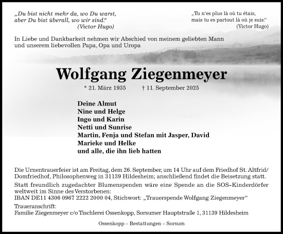 Traueranzeige von Wolfgang Ziegenmeyer von Hildesheimer Allgemeine Zeitung