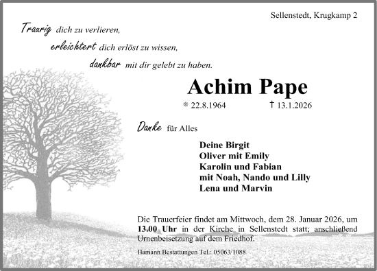 Traueranzeige von Achim Pape von Hildesheimer Allgemeine Zeitung