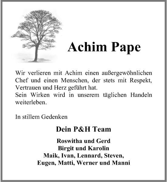 Traueranzeige von Achim Pape von Hildesheimer Allgemeine Zeitung