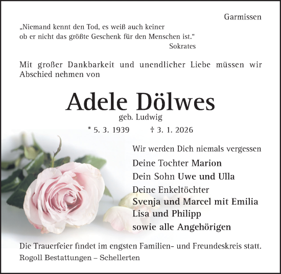 Traueranzeige von Adele Dölwes von Hildesheimer Allgemeine Zeitung