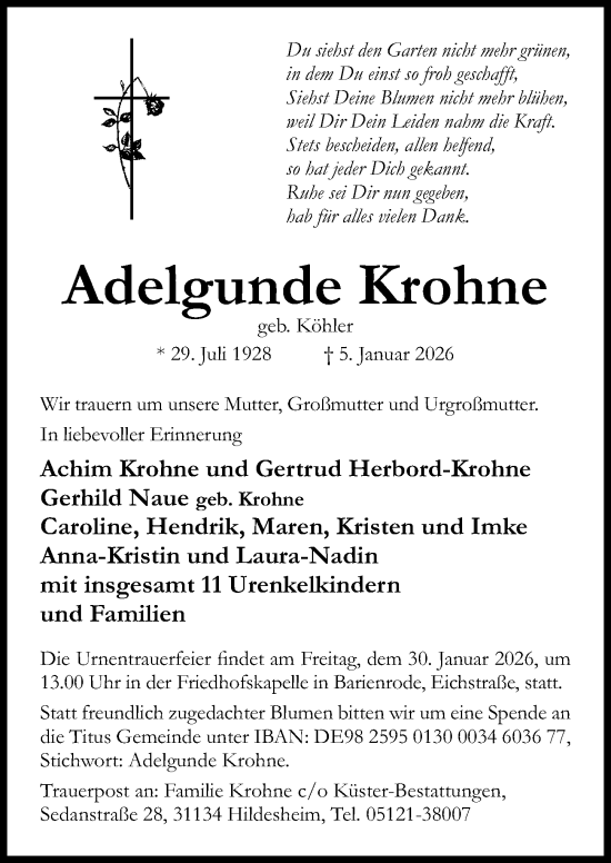 Traueranzeige von Adelgunde Krohne von Hildesheimer Allgemeine Zeitung