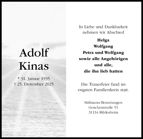 Traueranzeige von Adolf Kinas von Hildesheimer Allgemeine Zeitung