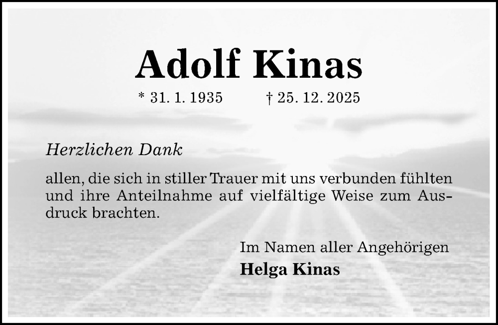  Traueranzeige für Adolf Kinas vom 28.01.2026 aus Hildesheimer Allgemeine Zeitung