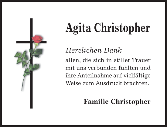 Traueranzeige von Agita Christopher von Hildesheimer Allgemeine Zeitung