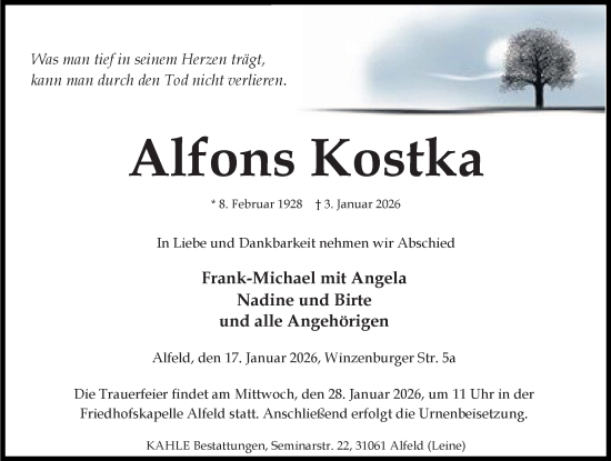 Traueranzeige von Alfons Kostka von Hildesheimer Allgemeine Zeitung