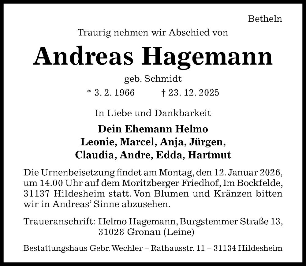  Traueranzeige für Andreas Hagemann vom 07.01.2026 aus Hildesheimer Allgemeine Zeitung