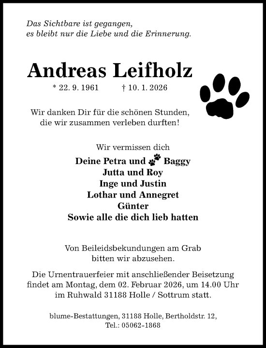 Traueranzeige von Andreas Leifholz von Hildesheimer Allgemeine Zeitung