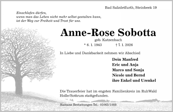 Traueranzeige von Anne-Rose Sobotta von Hildesheimer Allgemeine Zeitung