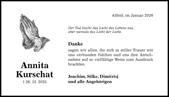 Traueranzeige von Annita Kurschat von Hildesheimer Allgemeine Zeitung