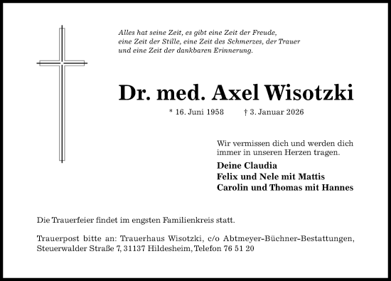 Traueranzeige von Axel Wisotzki von Hildesheimer Allgemeine Zeitung