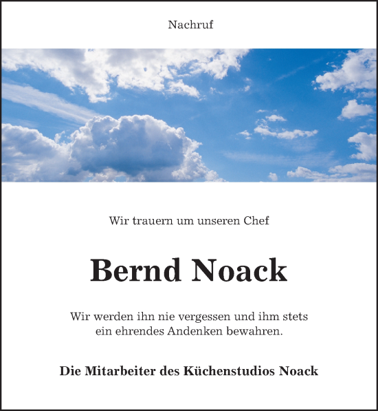 Traueranzeige von Bernd Noack von Hildesheimer Allgemeine Zeitung