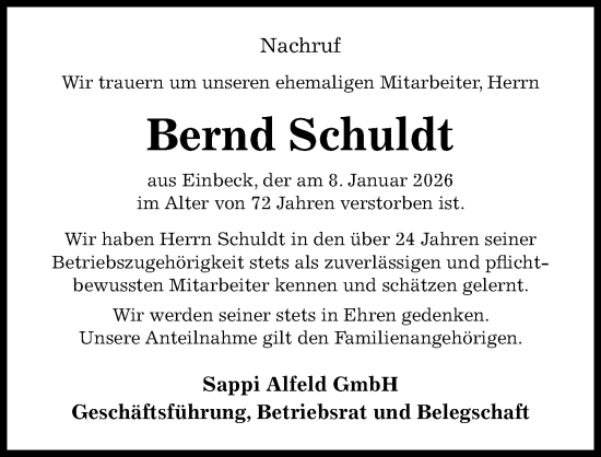 Traueranzeige von Bernd Schuldt von Hildesheimer Allgemeine Zeitung