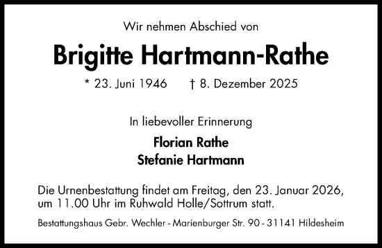 Traueranzeige von Brigitte Hartmann-Rathe von Hildesheimer Allgemeine Zeitung