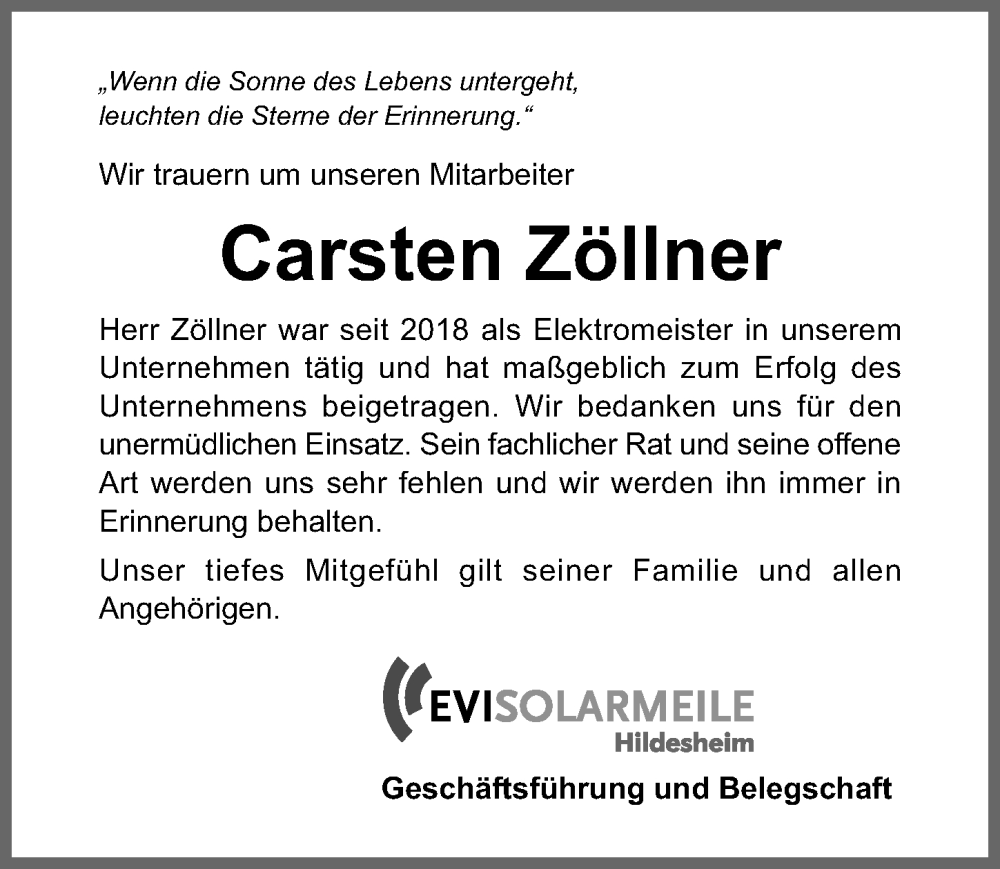  Traueranzeige für Carsten Zöllner vom 17.01.2026 aus Hildesheimer Allgemeine Zeitung