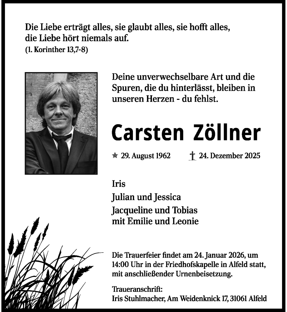  Traueranzeige für Carsten Zöllner vom 17.01.2026 aus Hildesheimer Allgemeine Zeitung