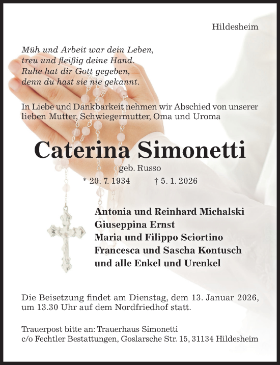 Traueranzeige von Caterina Simonetti von Hildesheimer Allgemeine Zeitung