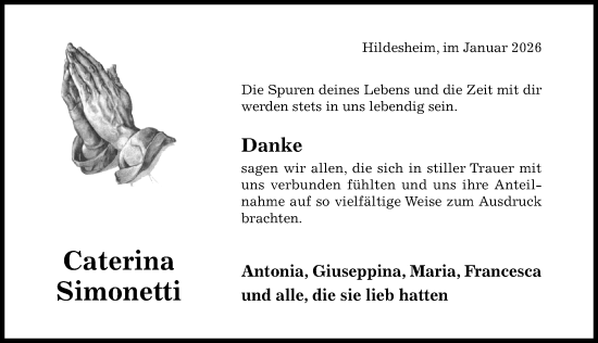 Traueranzeige von Caterina Simonetti von Hildesheimer Allgemeine Zeitung
