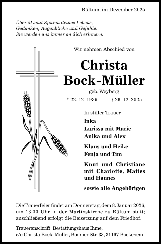 Traueranzeige von Christa Bock-Müller von Hildesheimer Allgemeine Zeitung