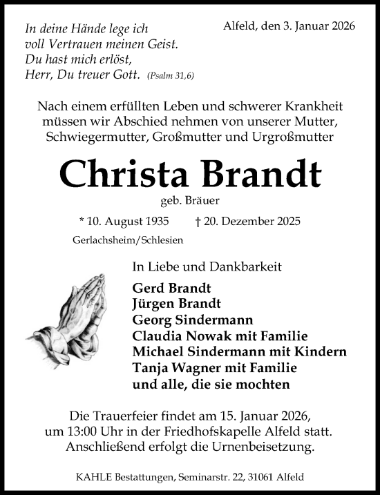 Traueranzeige von Christa Brandt von Hildesheimer Allgemeine Zeitung