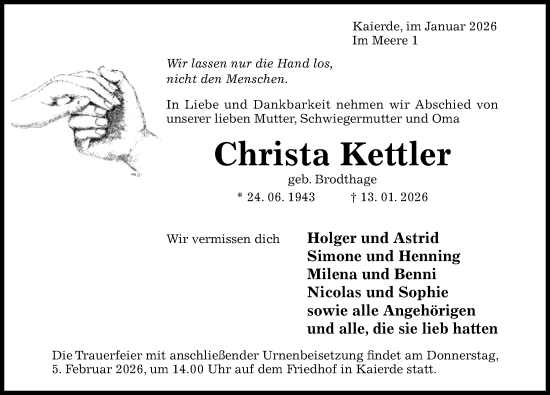 Traueranzeige von Christa Kettler von Hildesheimer Allgemeine Zeitung