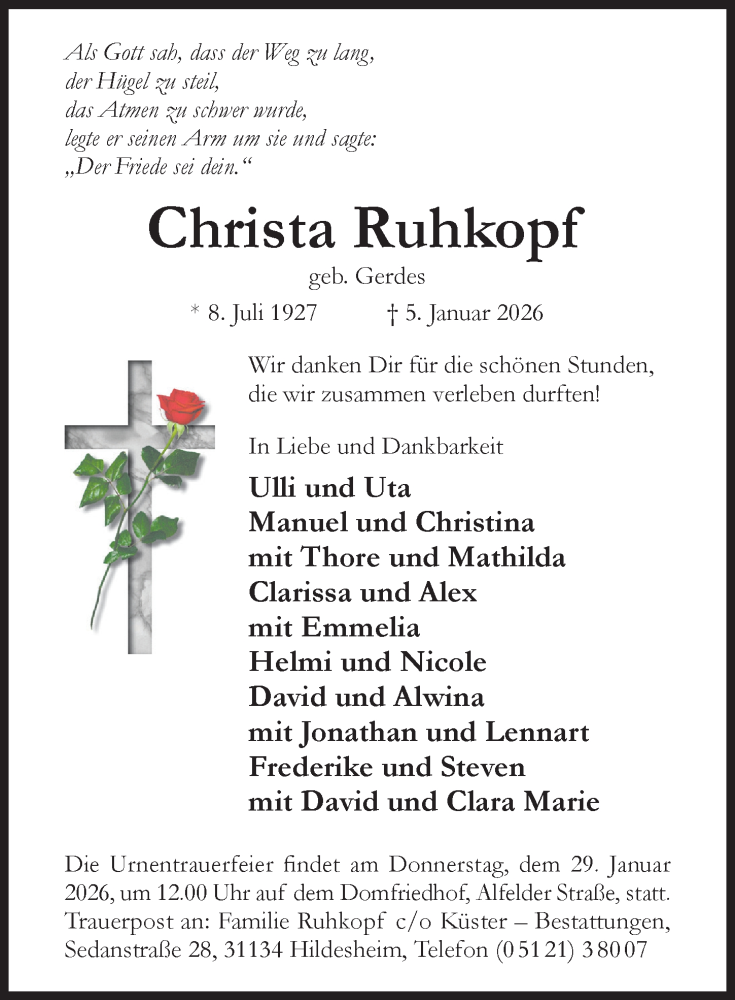  Traueranzeige für Christa Ruhkopf vom 14.01.2026 aus Hildesheimer Allgemeine Zeitung