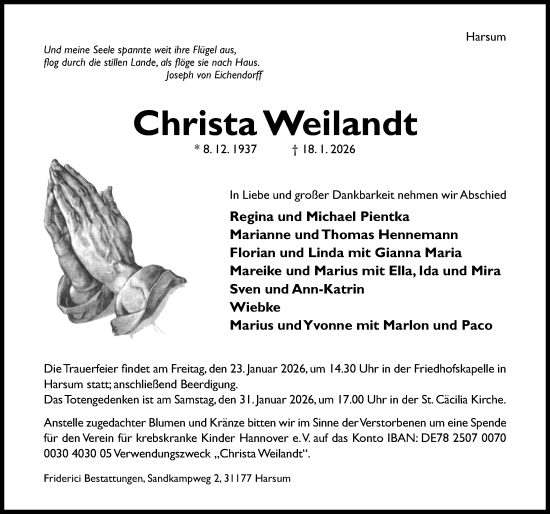 Traueranzeige von Christa Weilandt von Hildesheimer Allgemeine Zeitung