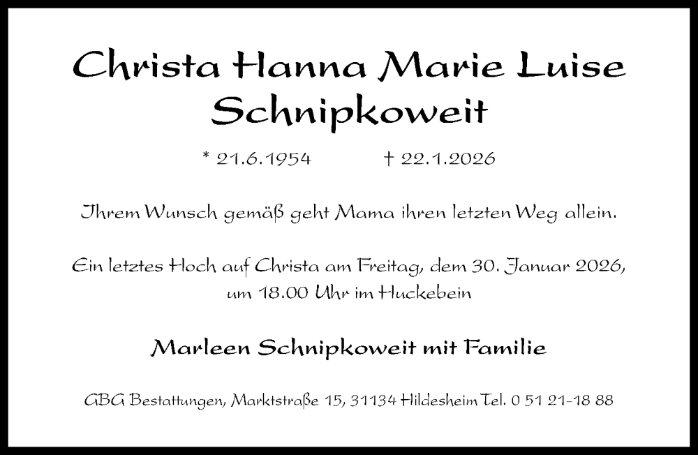  Traueranzeige für Christa Hanna Marie Luise Schnipkoweit vom 24.01.2026 aus Hildesheimer Allgemeine Zeitung
