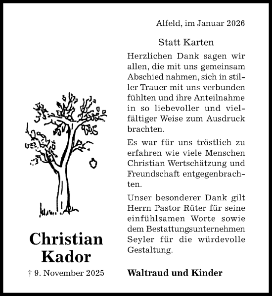 Traueranzeige von Christian Kador von Hildesheimer Allgemeine Zeitung