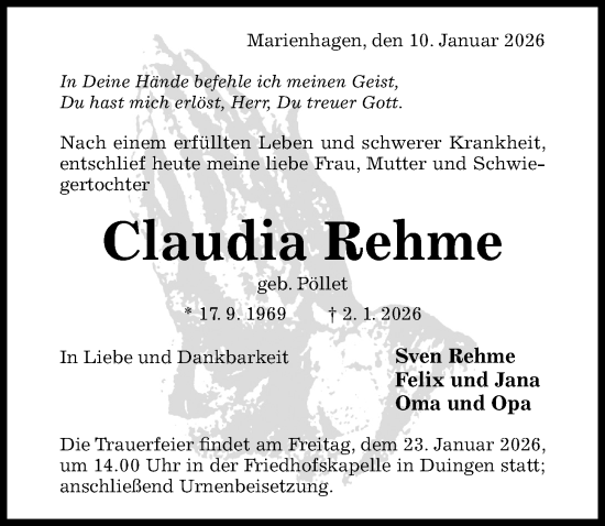 Traueranzeige von Claudia Rehme von Hildesheimer Allgemeine Zeitung