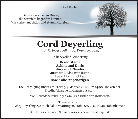Traueranzeige von Cord Deyerling von Hildesheimer Allgemeine Zeitung