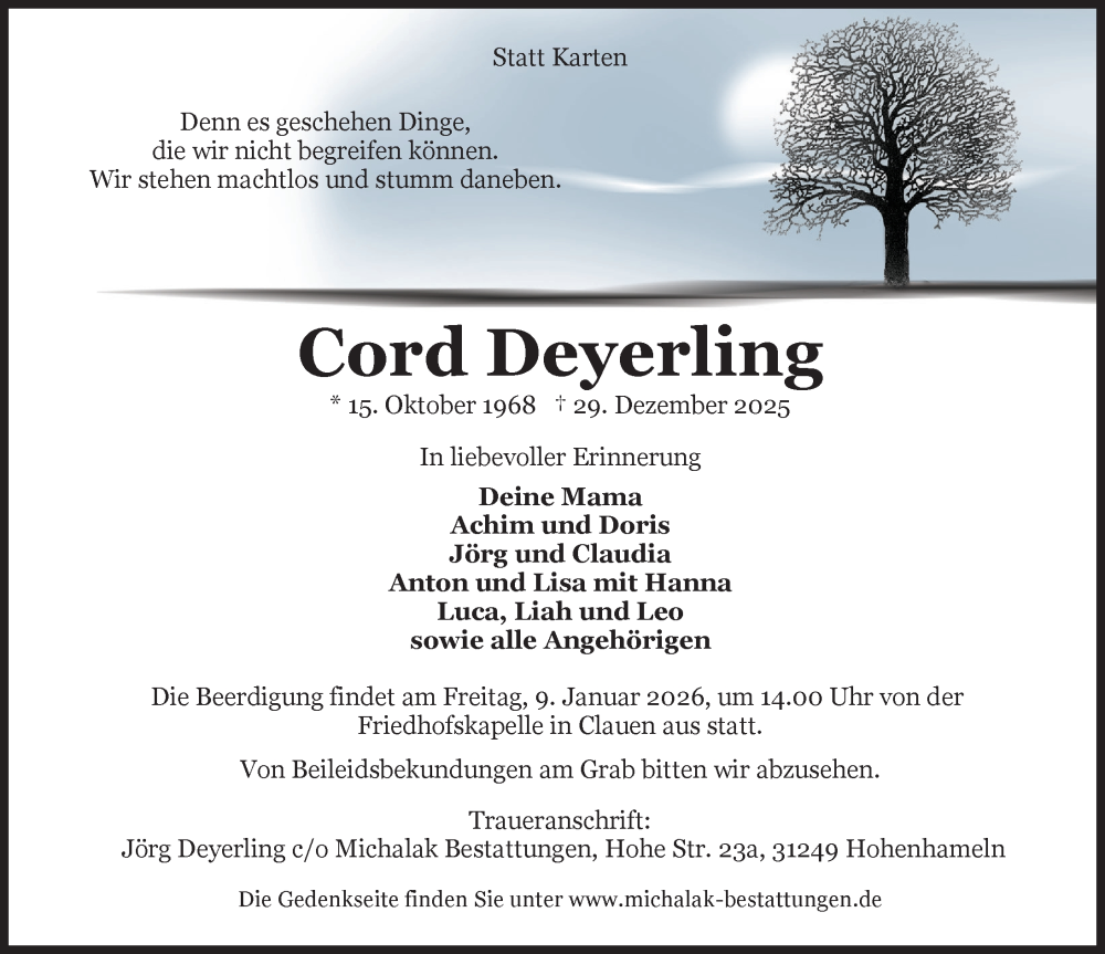  Traueranzeige für Cord Deyerling vom 07.01.2026 aus Hildesheimer Allgemeine Zeitung