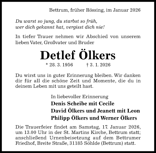 Traueranzeige von Detlef Ölkers von Hildesheimer Allgemeine Zeitung